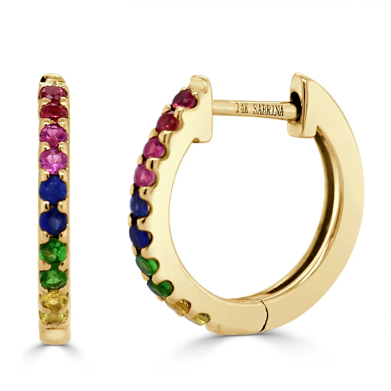 Crystal teardrop earrings-14k Gold & Rainbow Sapphire Huggie Earrings