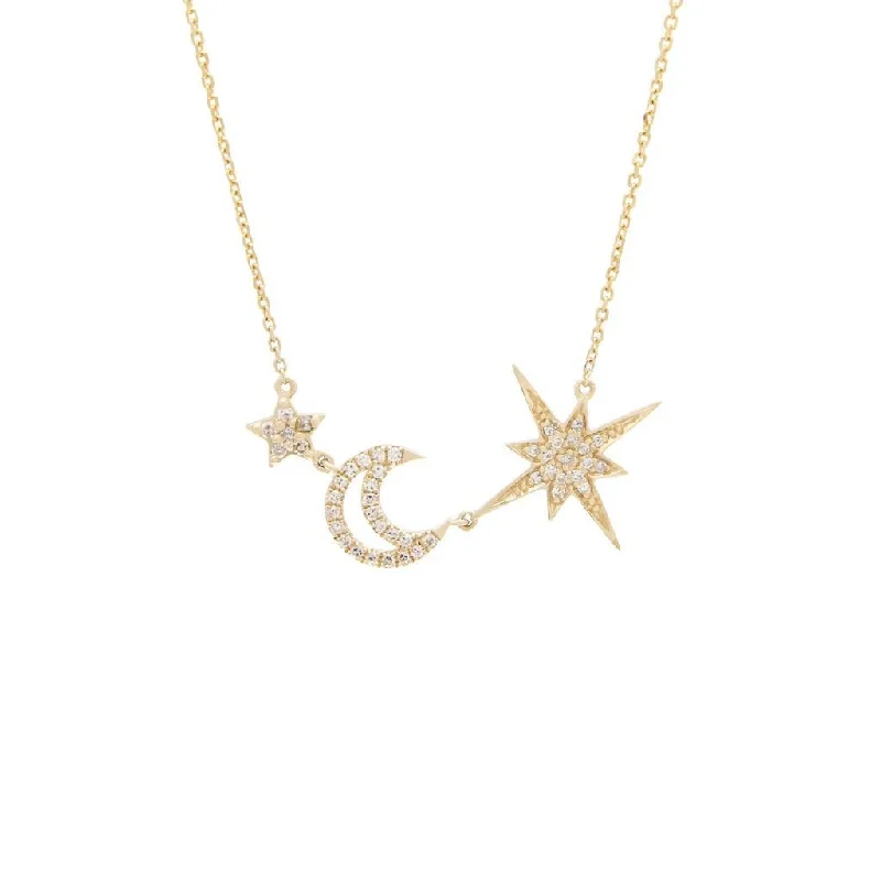 Knot design necklaces-14K Yellow Gold Star/Moon Single Micro Pave Diamond Necklace