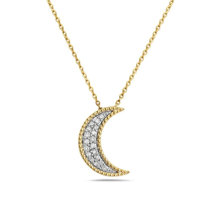 Teardrop gem necklaces-14K Yellow Gold And Diamond Moon Necklace