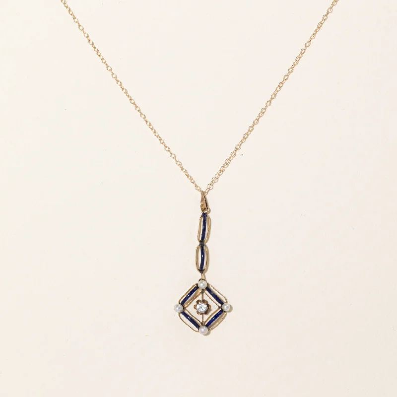 Victorian design necklaces-Art Nouveau Diamond and Enamel Necklace | 0.13ct | 16" |