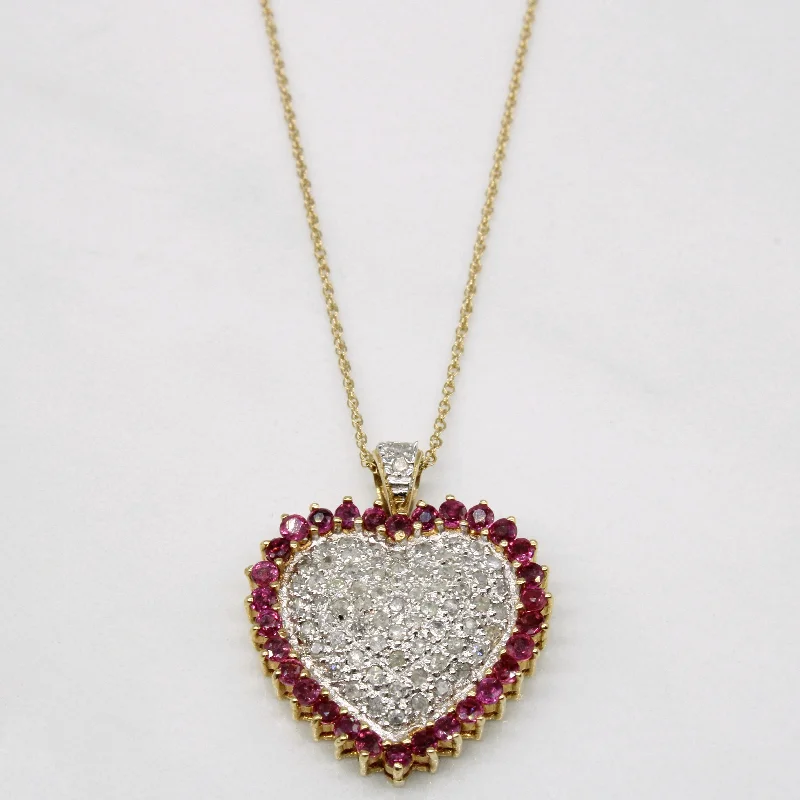 Matte gold necklaces-Ruby & Diamond Heart Pendant & Necklace | 0.48ctw, 0.32ctw | 18" |