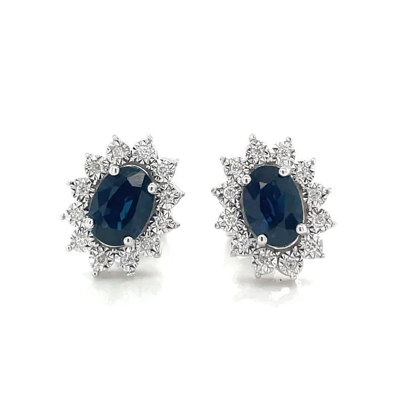 Coin-shaped earrings-9ct White Gold Earth Grown Oval Sapphire & Diamond Cluster Halo Stud Earring