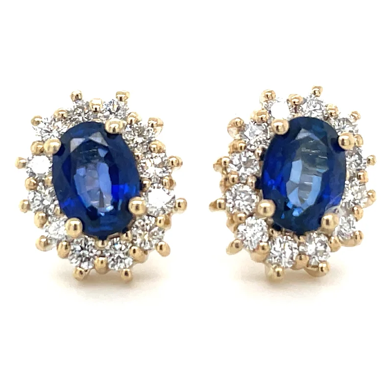 Geometric stud earrings-9ct Yellow Gold Earth Grown Oval Sapphire & Diamond Cluster Earrings