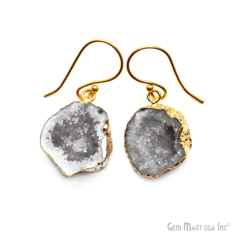 Glass bead earrings-Grey Geode Organic Druzy 23X18mm Gold Electroplated Hook Earring