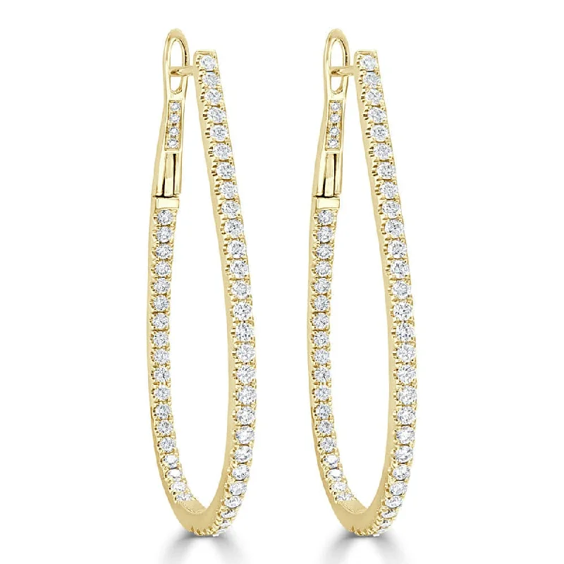 Geometric stud earrings-14k Gold & Diamond Pear Shape Hoop Earrings  - 1.75''