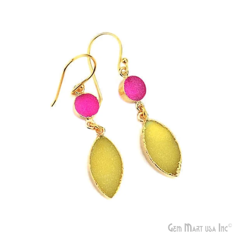 Fringe detail earrings-Yellow & Pink Druzy 10x50mm Gold Electroplated Gemstone Dangle Earring