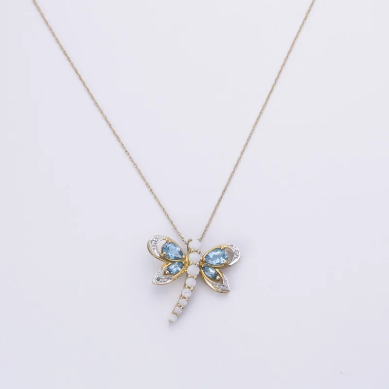 Hamsa hand necklaces-10k Yellow Gold Blue Topaz, Opal and Diamond Necklace | 0.80ctw, 0.49ctw, 0.04ctw | 16-18"