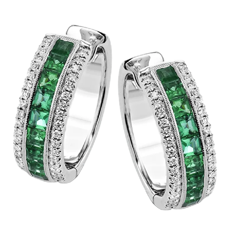 Glass bead earrings-Simon G. 18Kw Princess Cut Emerald & Round Diamond Hoop Earrings