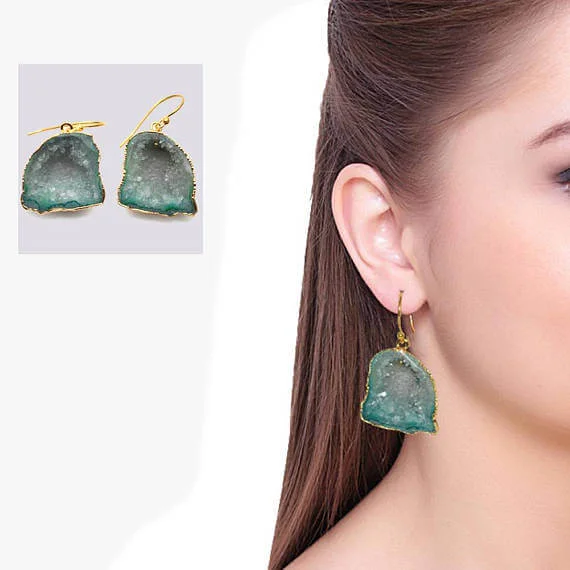 Vintage cameo earrings-Green Geode Druzy Organic Shape 26x23mm Gold Electroplated Gemstone Dangle Hook Earring