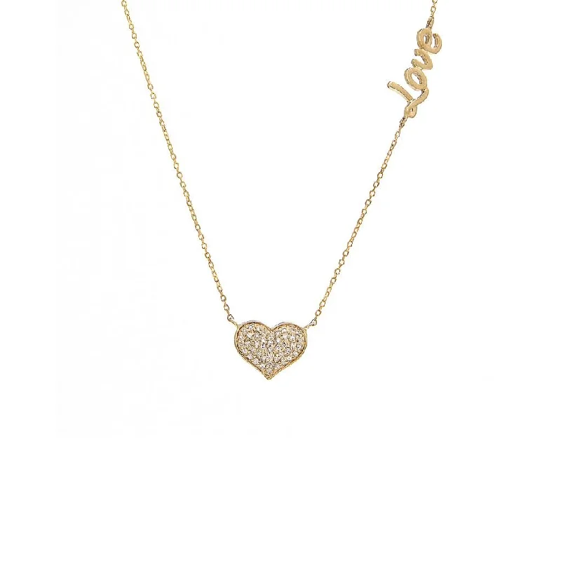 Rose gold necklaces-14K Yellow Gold Heart And Love Diamond Necklace