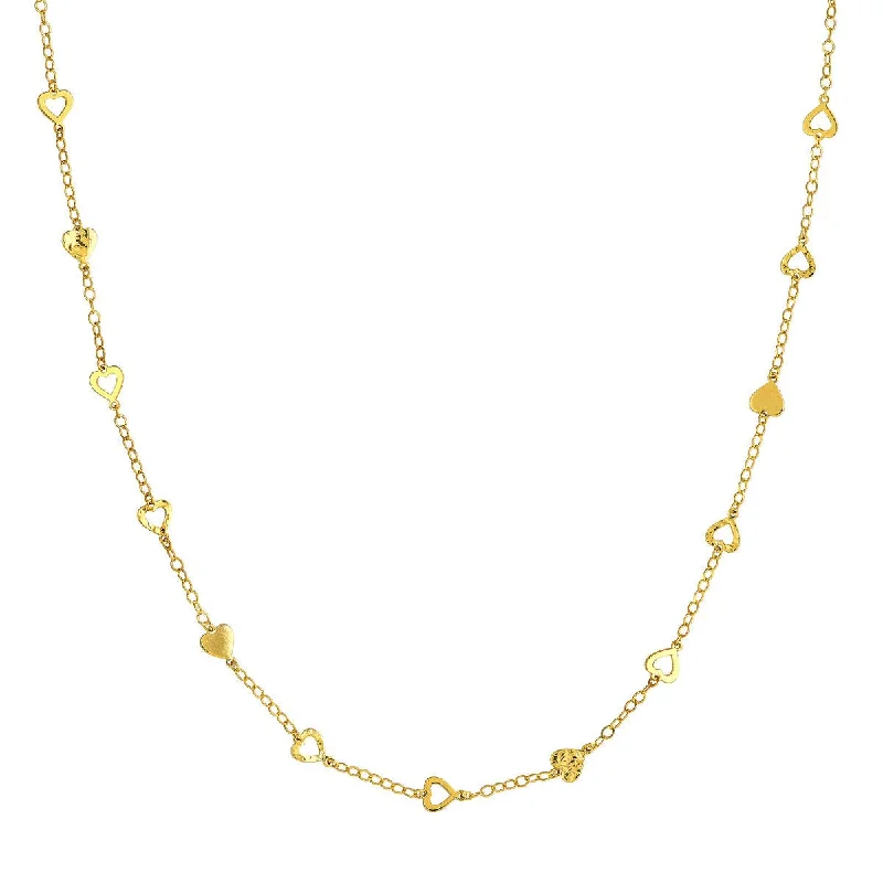 Petite gemstone necklaces-14K Yellow Gold Mixed Hearts Station Curb Chain Necklace