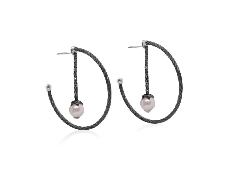 Textured disc earrings-Alor Cable Chain Pearl Drop Hoop Earrings