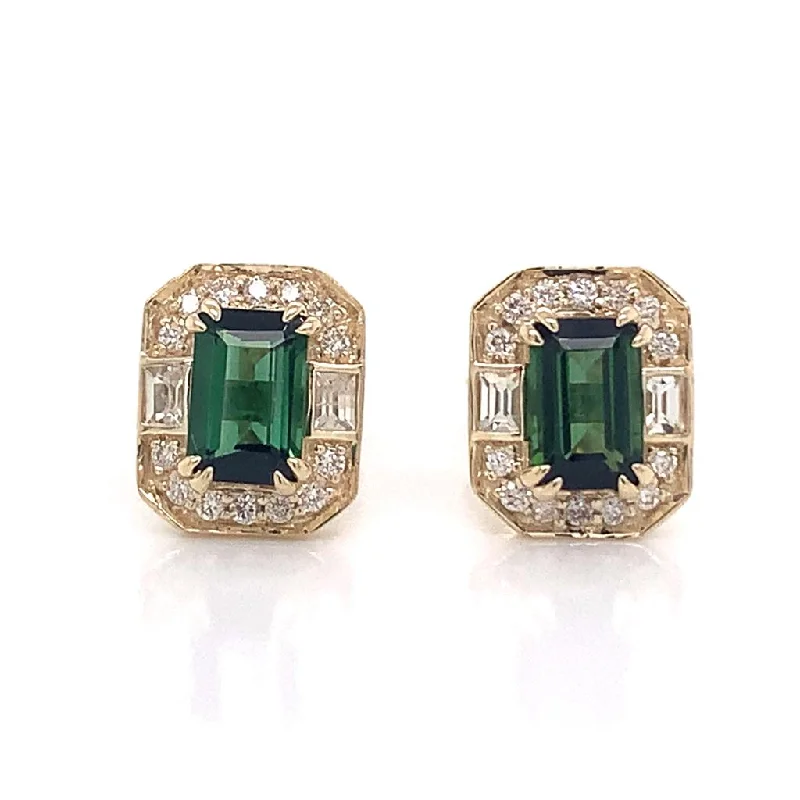 Hexagonal drop earrings-9ct Yellow Gold Earth Grown 1.20ct Green Tourmaline And Diamond Earrings