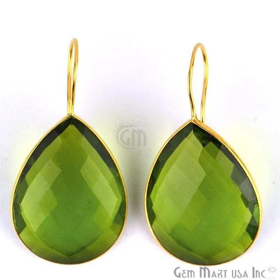 Rose quartz earrings-Peridot Bezel Pears shape 23x46mm Gold Plated Gemstone Dangle Hook Earring (PHER-90052)