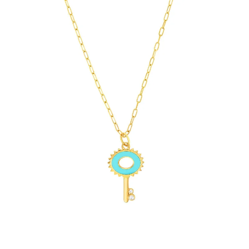 Glass bead necklaces-14K Yellow Gold Lt.Turquoise Enamel Key Necklace with Diamonds