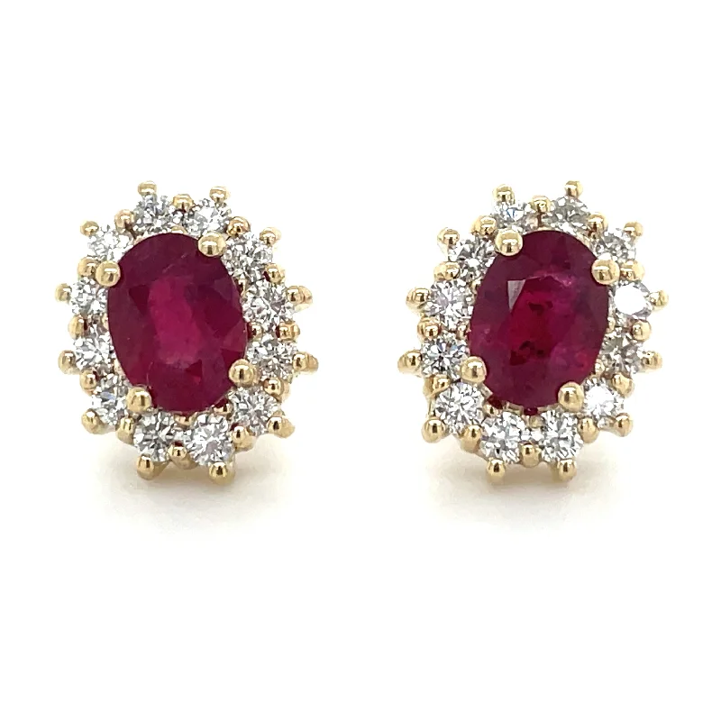 Dangling gem earrings-9ct Yellow Gold Earth Grown Oval Ruby & Diamond Cluster Earrings