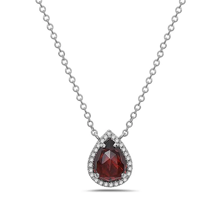 Y-drop necklaces-14K White Gold Pear Shape Garnet And Diamond Necklace