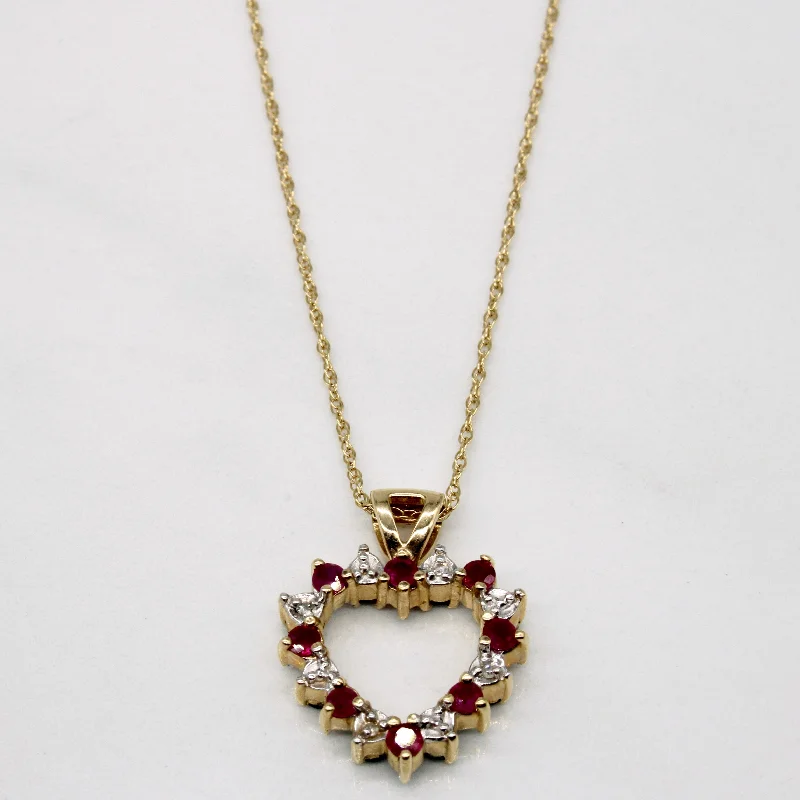 Petite gemstone necklaces-Ruby and Emerald with Diamond Double Sided Heart Pendant Necklace | 0.68ctw | 16" |