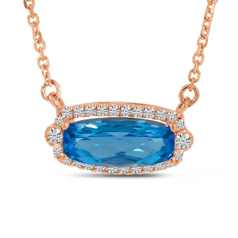 Adjustable cord necklaces-14K Rose Gold Diamond Halo Oval Blue Topaz Necklace