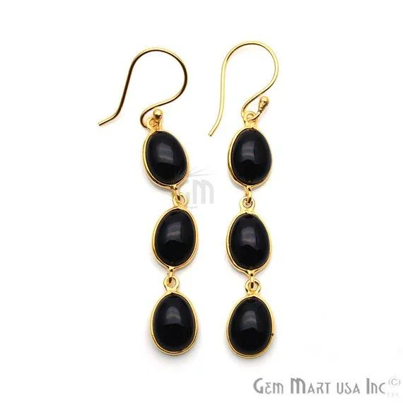 Organic shape earrings-Black Onyx Earrings, Black Cabochon Earrings, Gold Hook Earring, Cabochon Earring, Dangle Earrings (BOER-90238)