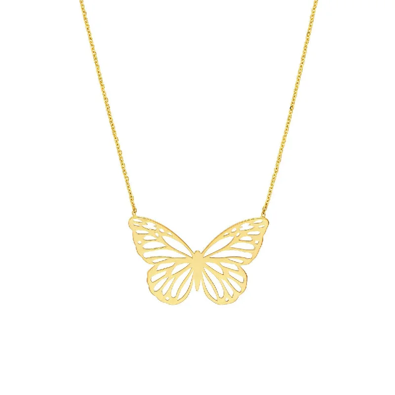 Tennis style necklaces-14K Yellow Gold Butterfly Carving Pendant Adjustable Necklace with Pear Lock