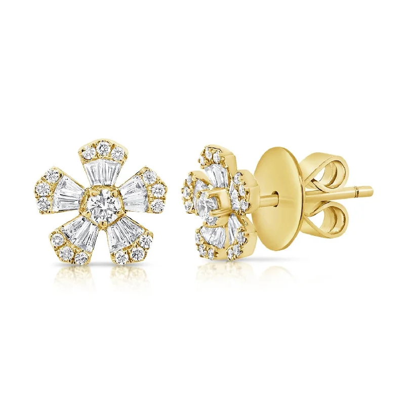 Starburst design earrings-14k Gold & Diamond Baguette Flower Stud Earrings