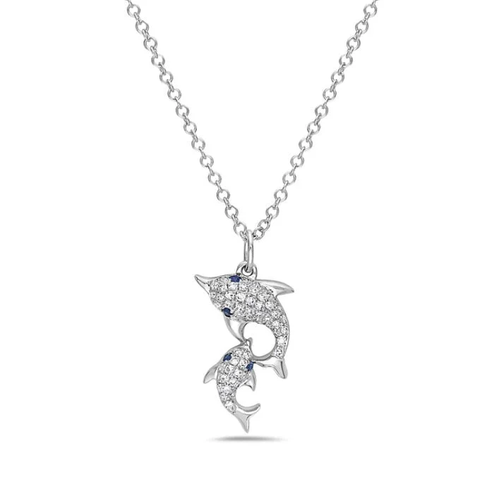 Dangling stone necklaces-14K White Gold two Dolphins Diamond Necklace