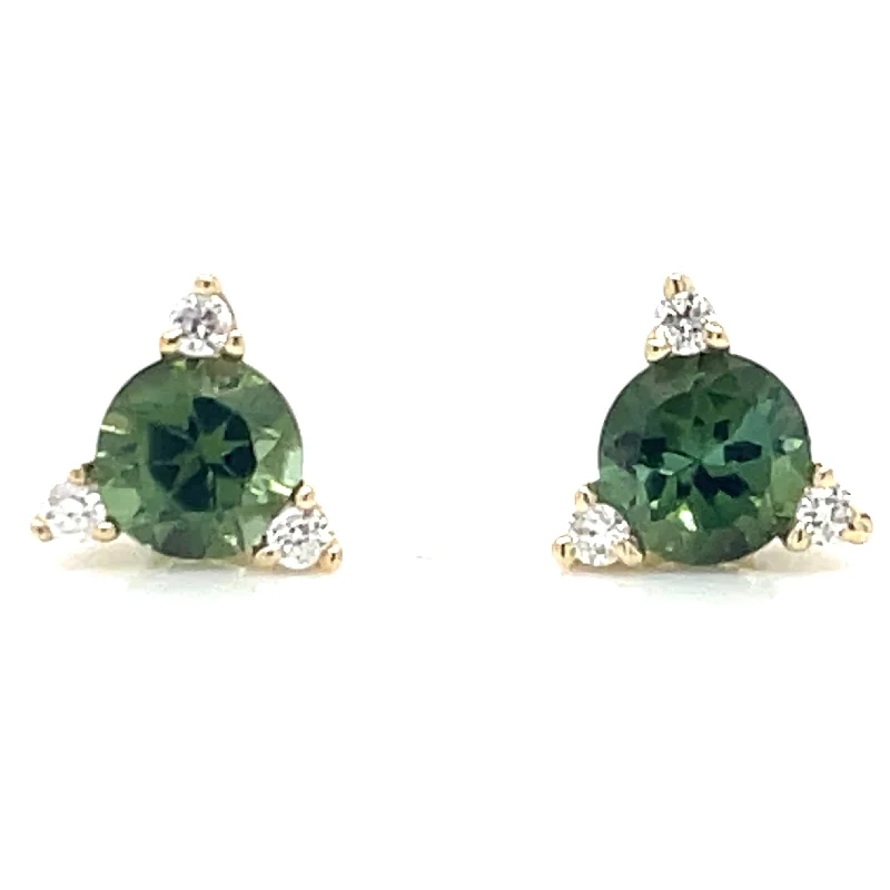 Antique gold earrings-9ct Yellow Gold Earth Grown 0.52ct Green Tourmaline And 0.042ct Diamond Stud Earrings