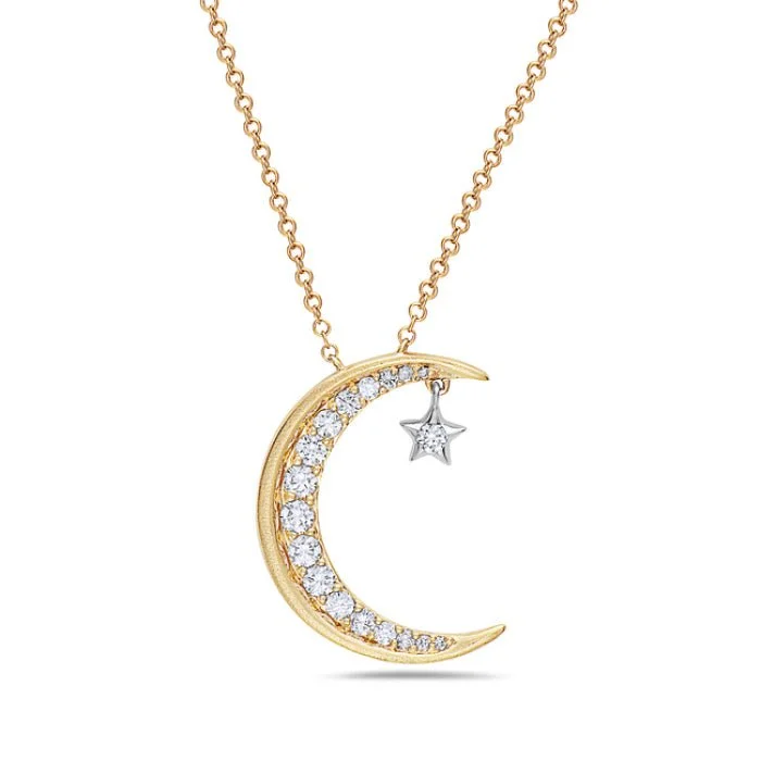 Sculptural art necklaces-14K Yellow / White Gold Moon And Star Diamond Necklace