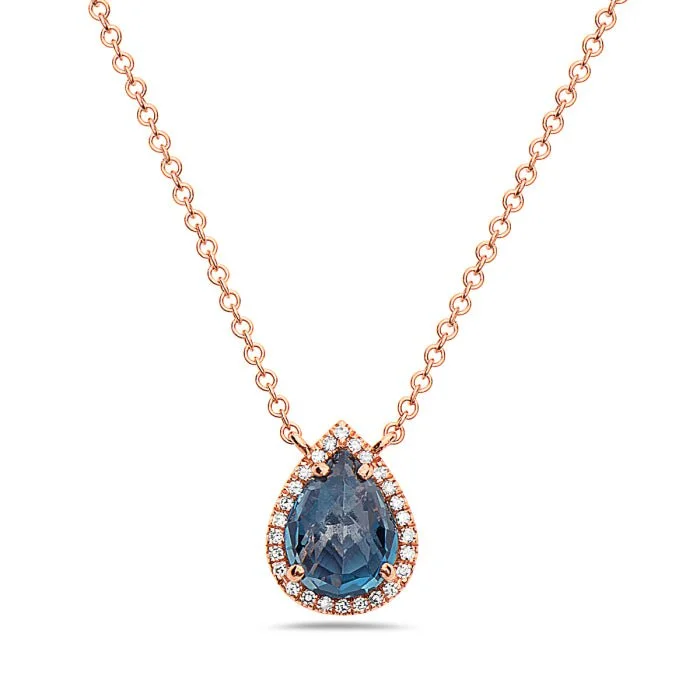 Angel wing necklaces-14K Rose Gold Pear Shape Blue Topaz And Diamond Necklace