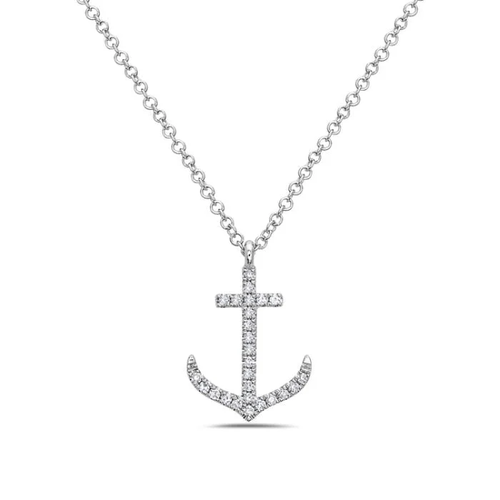 Matte gold necklaces-14K White Gold Anchor Diamond Necklace