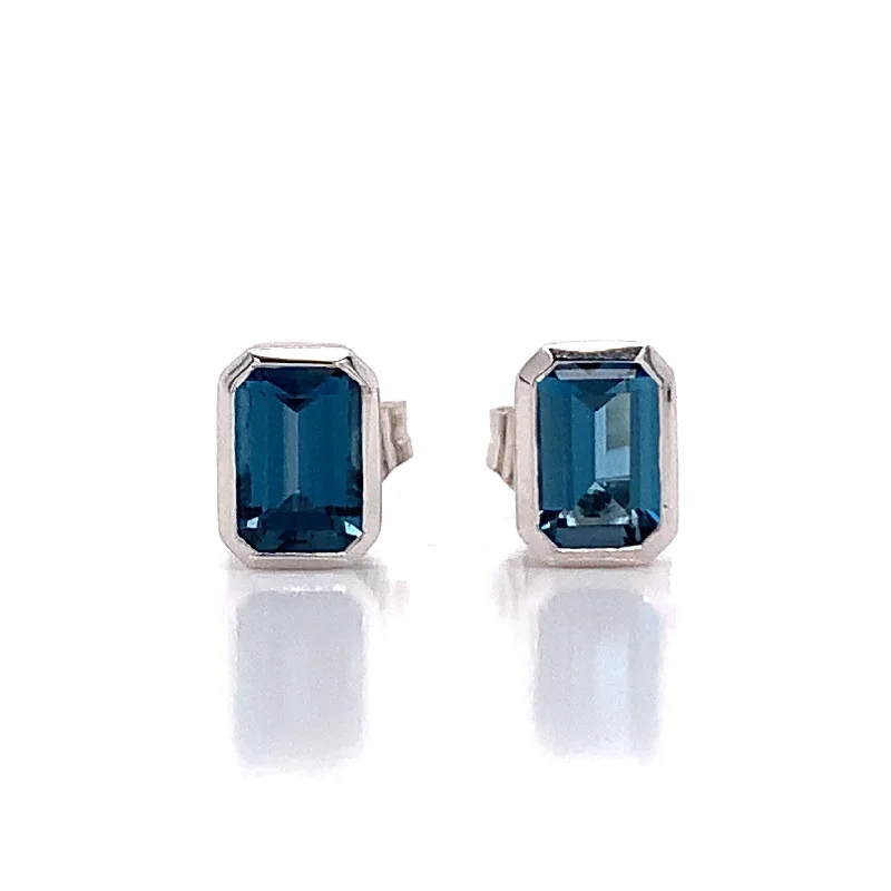 Lightweight hoop earrings-9ct White Gold Earth Grown Octagonal London Blue Topaz Earrings