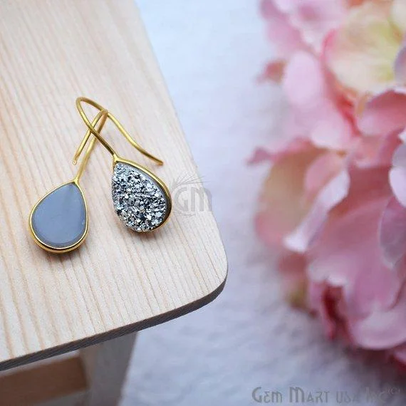 Moroccan tile earrings-Druzy Earring 15x12mm Pears Gold Plated Gemstone Dangle Hook Earring Choose Your Style