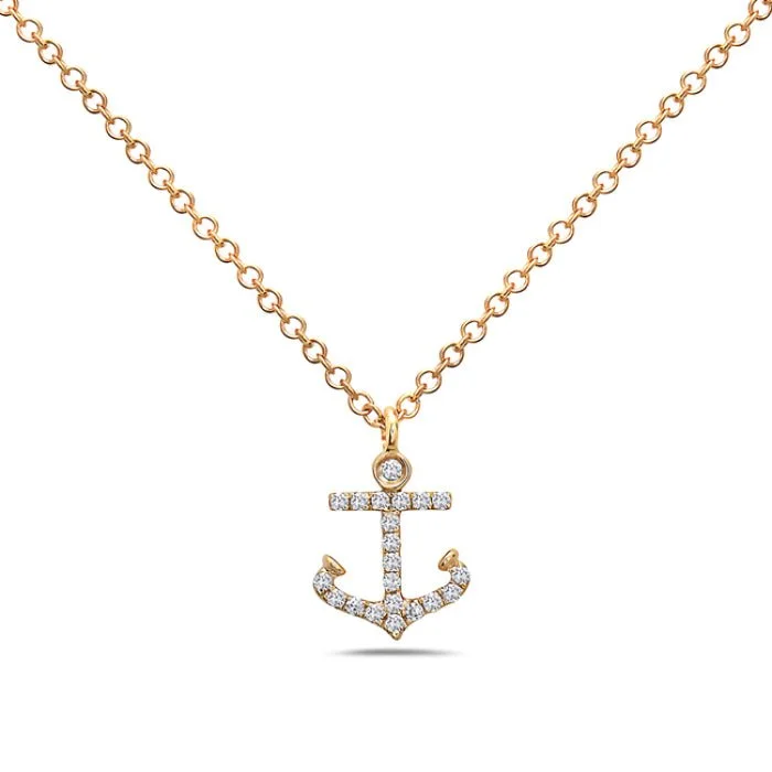 Ocean wave necklaces-14K Yellow Gold Anchor Diamond Necklace