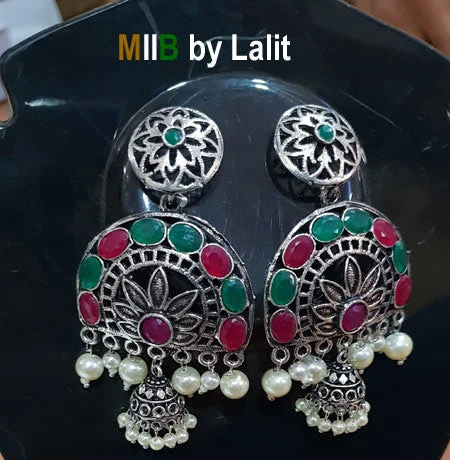 Double-sided earrings-Artistic Handmade Designer Earrings ,Oxidized and stone inlay, Sold Per Pair