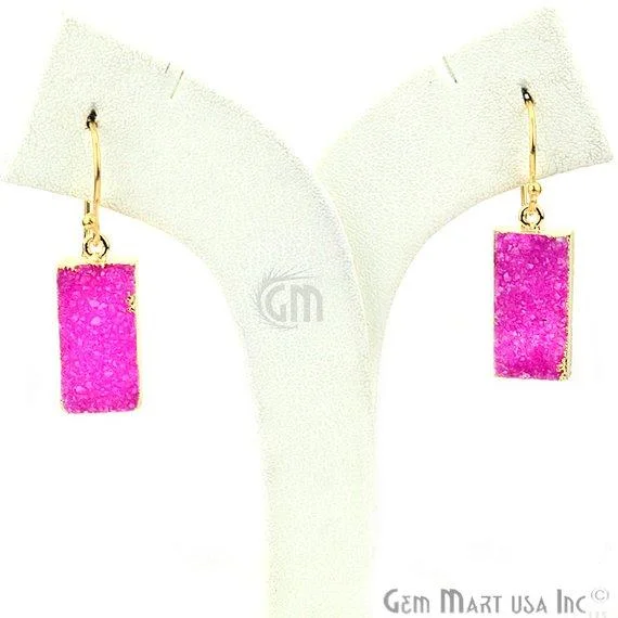 Hexagonal drop earrings-Druzy Gold Electroplated 10x38mm Rectangle Shape Gemstone Dangle Hook Earring Pic Your Color (90145-1)