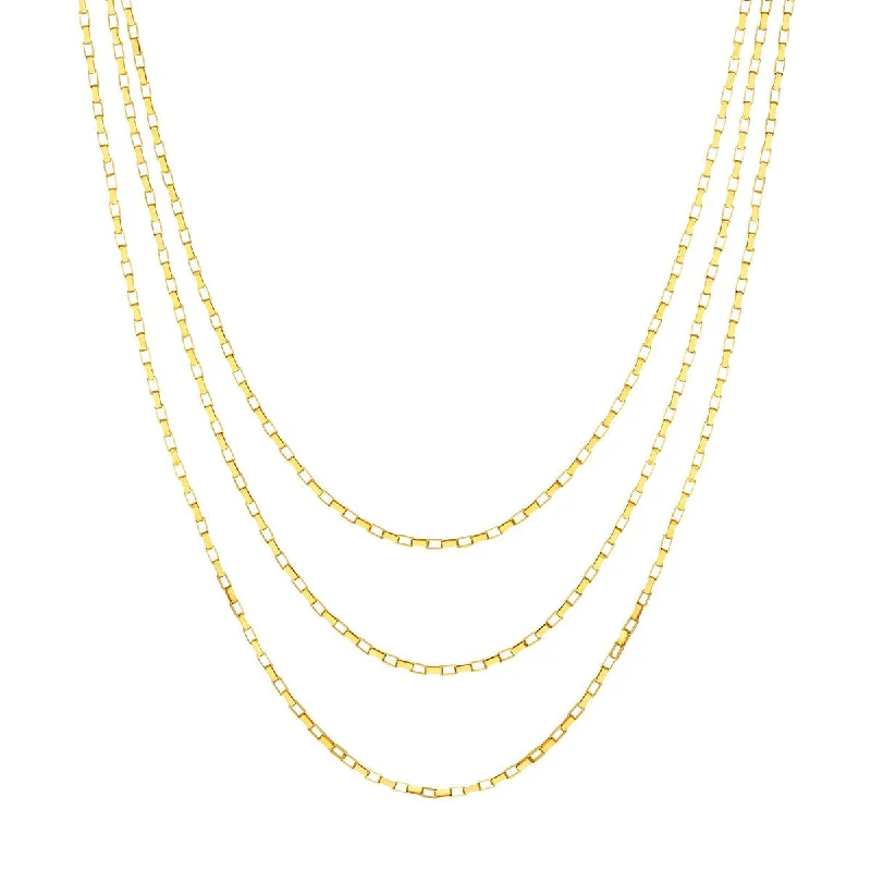 Multi-strand necklaces-14K Yellow Gold Triple Graduated Box Link Necklace with Lobster Lock