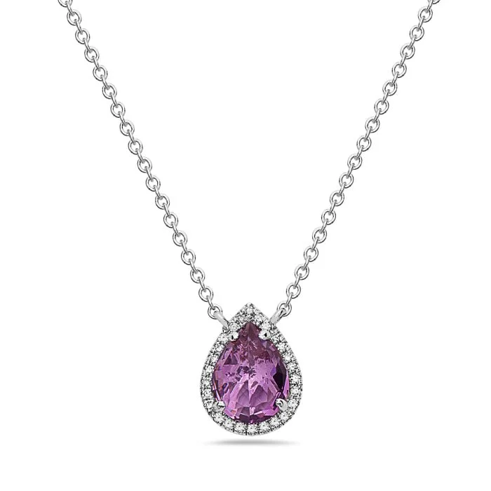 Moroccan motif necklaces-14K White Gold Pear Shape Amethyst And Diamond Necklace