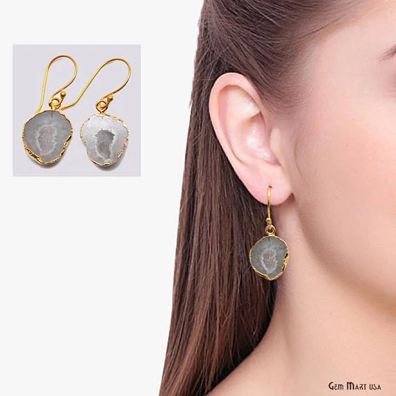 Dangling gem earrings-Geode Druzy Dangle Earrings, 22k Gold Electroplated Hook Earrings (DPER-90318)