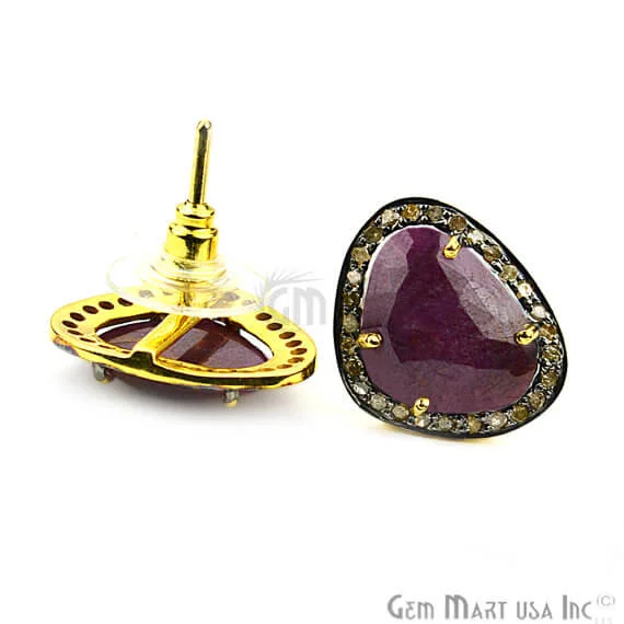 Filigree drop earrings-Red Sapphire & Natural Diamond 19x15mm Gold Vermeil Stud Earring