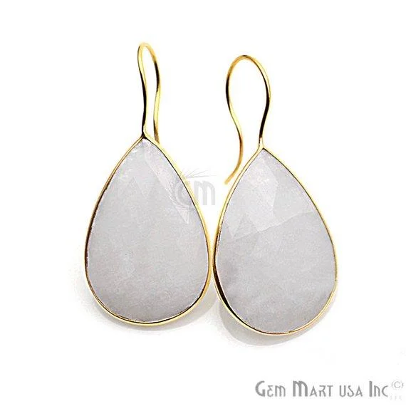 Sunflower motif earrings-Rainbow Moonstone Gold Plated 32x22mm Pears Shape Gemstone Dangle Hook Earring (RMER-90237)