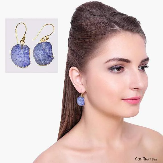 Nautical theme earrings-Geode Druzy Dangle Earrings, 22k Gold Electroplated Hook Earrings (DPER-90417)