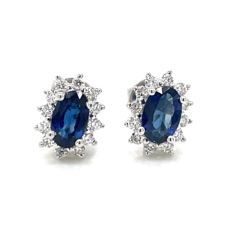 Antique gold earrings-9ct White Gold Earth Grown Princess Di Style Sapphire & Diamond Stud Earrings