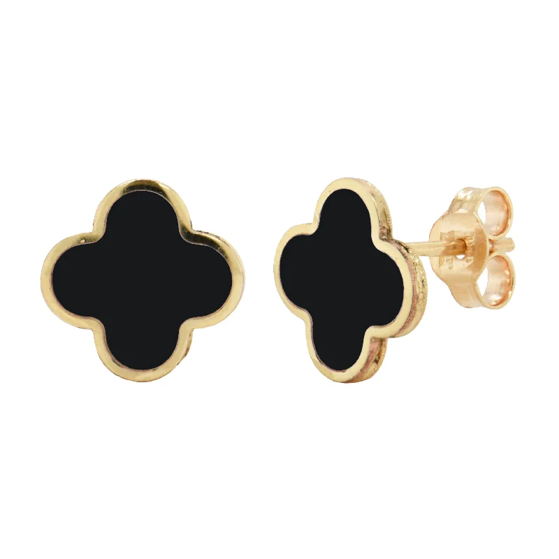 Vintage cameo earrings-14K Gold Clover Stud Onyx Earring