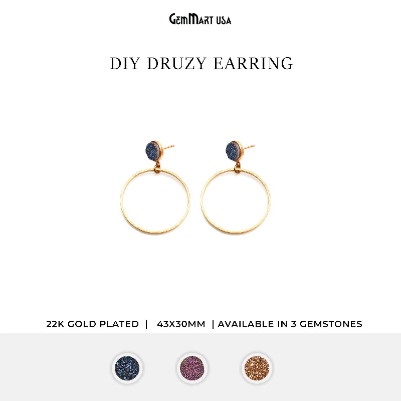 Infinity loop earrings-Round Druzy 43x30mm Gold Plated Dangle Hoop Stud Earring (Pick Color)