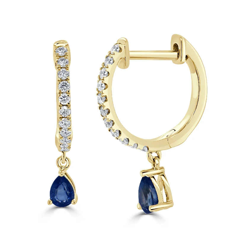 Mixed metal earrings-14K Gold Diamond & Sapphire Pear Shape Drop Earring