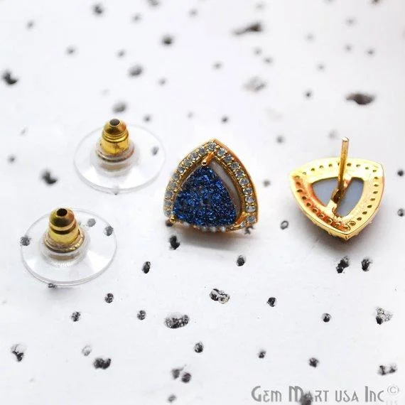 Gemstone cluster earrings-Trillion Shape 8mm Gold Plated Cubic Zircon Druzy Stud Earrings (Pick your Gemstone) (90035-2)