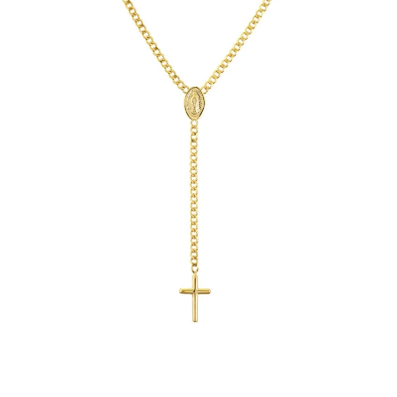 Herringbone chain necklaces-14K Yellow Gold Mary and Cross Curb Chain Lariat Necklace