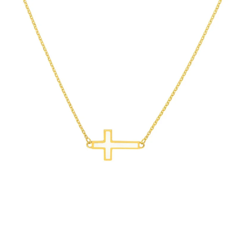 Statement bib necklaces-14K Yellow Gold White Enamel Sideways Cross Necklace