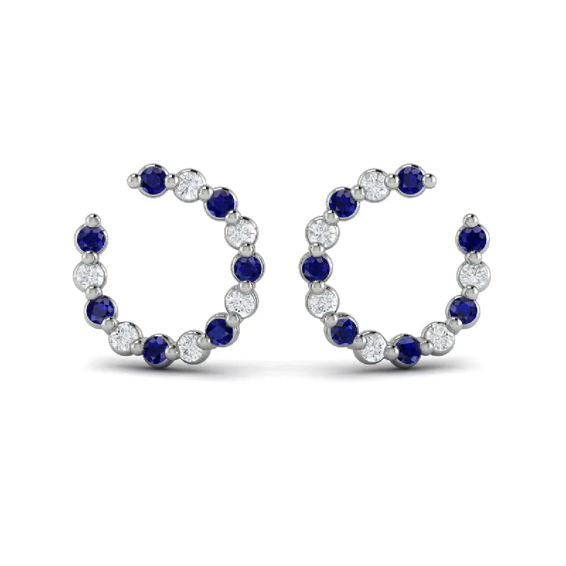 Star charm earrings-Forward-facing Diamond and Blue Sapphire  Open Hoop Earrings